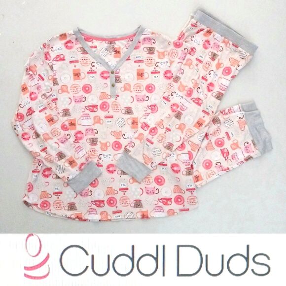 NEW Cuddl Duds Cozy L/S Pajama Set XXL Coffee Tea Donuts Kitty Jersey Print - Picture 1 of 12